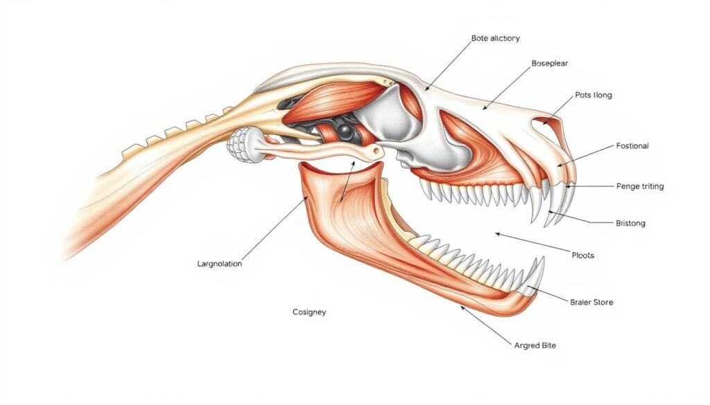 Anatomiczny schemat szczęk doga argentyńskiego pokazujący umięśnienie i strukturę uścisku szczęk Anatomiczny schemat szczęk doga argentyńskiego pokazujący umięśnienie i strukturę uścisku szczęk