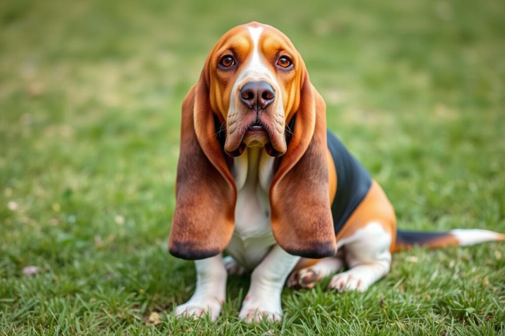 Basset hound z charakterystycznymi długimi uszami sięgającymi do ziemi