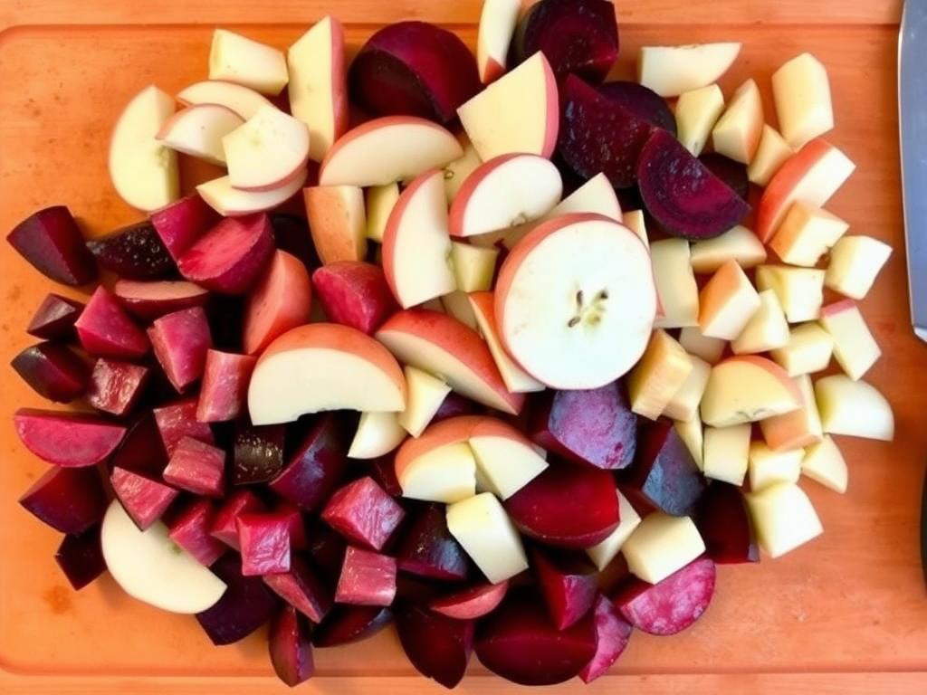 Buraki i jabłka pokrojone w małe kawałki - przygotowanie warzyw i owoców dla kota Buraki i jabłka pokrojone w małe kawałki - przygotowanie warzyw i owoców dla kota