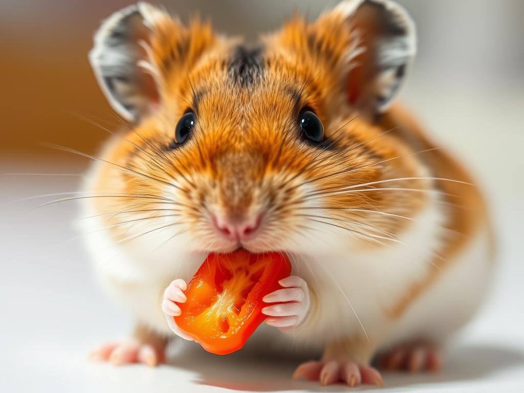 Chomik jedzący kawałek papryki - czy chomik może jeść paprykę? Chomik jedzący kawałek papryki - czy chomik może jeść paprykę?