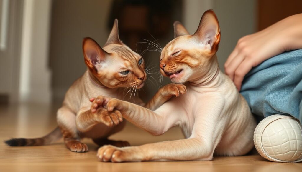 Devon rex bawiący się z właścicielem, pokazujący jego towarzyski charakter Devon rex bawiący się z właścicielem, pokazujący jego towarzyski charakter