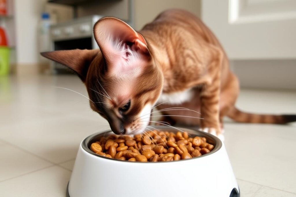 Devon rex jedzący wysokiej jakości karmę, pokazujący aspekty żywieniowe Devon rex jedzący wysokiej jakości karmę, pokazujący aspekty żywieniowe