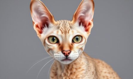 Devon rex kot o charakterystycznym wyglądzie z kędzierzawą sierścią i dużymi uszami