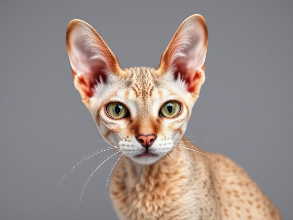 Devon rex kot o charakterystycznym wyglądzie z kędzierzawą sierścią i dużymi uszami