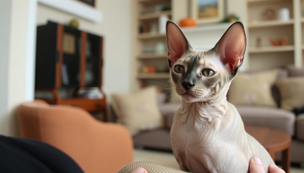 Devon rex w domowym otoczeniu, pokazujący typowe cechy charakteru tej rasy Devon rex w domowym otoczeniu, pokazujący typowe cechy charakteru tej rasy