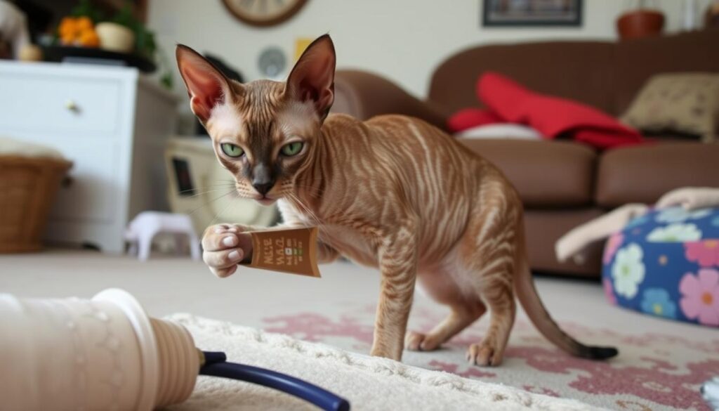 Devon rex w domowym środowisku, pokazujący typowe zachowania tej rasy Devon rex w domowym środowisku, pokazujący typowe zachowania tej rasy