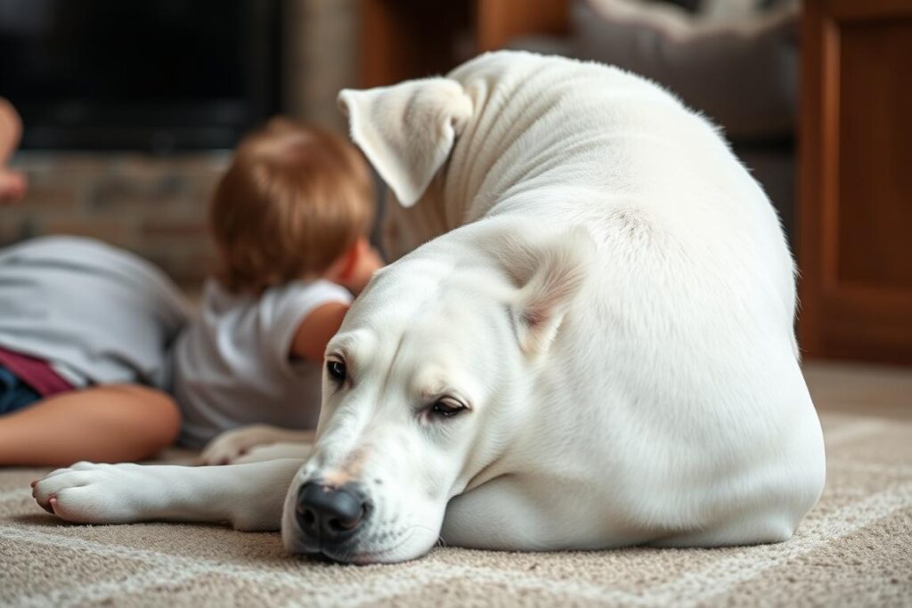 Dog argentyński leżący spokojnie obok dziecka, pokazujący łagodny charakter mimo potężnego uścisku szczęk Dog argentyński leżący spokojnie obok dziecka, pokazujący łagodny charakter mimo potężnego uścisku szczęk