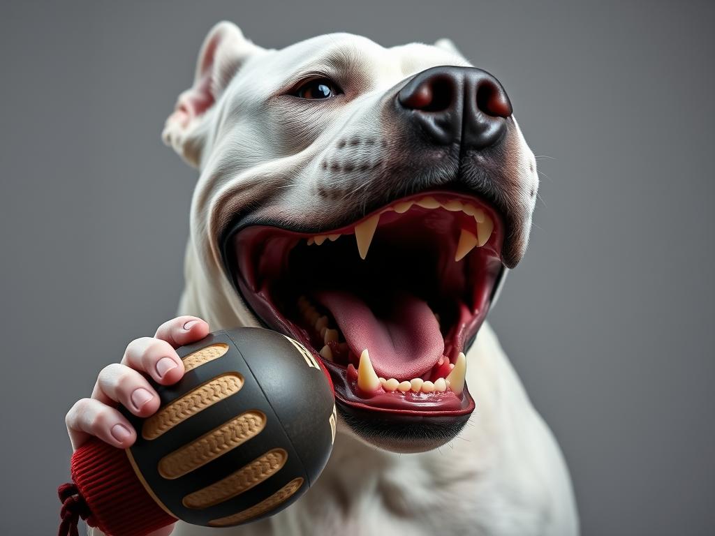 Dog argentyński prezentujący potężne szczęki i uścisk szczęk podczas zabawy z zabawką treningową