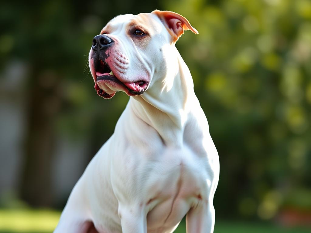 Dorosły dog argentyński pokazujący typowe cechy rasy i charakterystyczny uścisk szczęk podczas treningu Dorosły dog argentyński pokazujący typowe cechy rasy i charakterystyczny uścisk szczęk podczas treningu