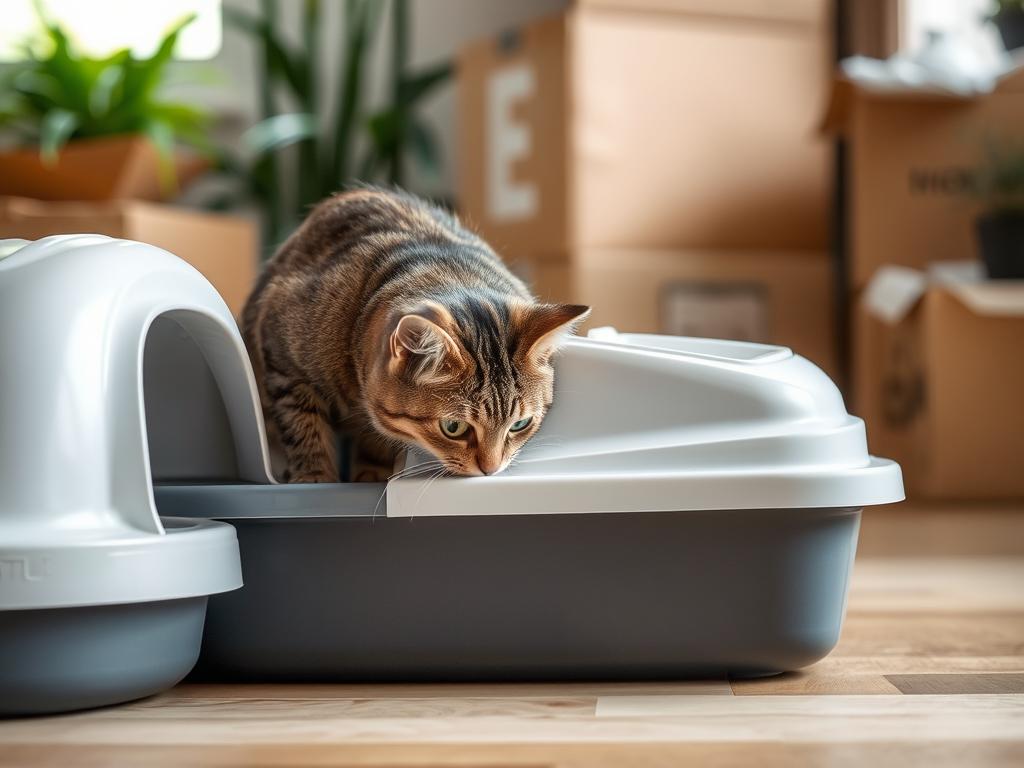 Dorosły kot ostrożnie badający nową kuwetę w nowym domu Dorosły kot ostrożnie badający nową kuwetę w nowym domu