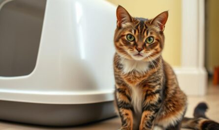 Dorosły kot siedzący obok kuwety, wykazujący oznaki niechęci do korzystania z niej