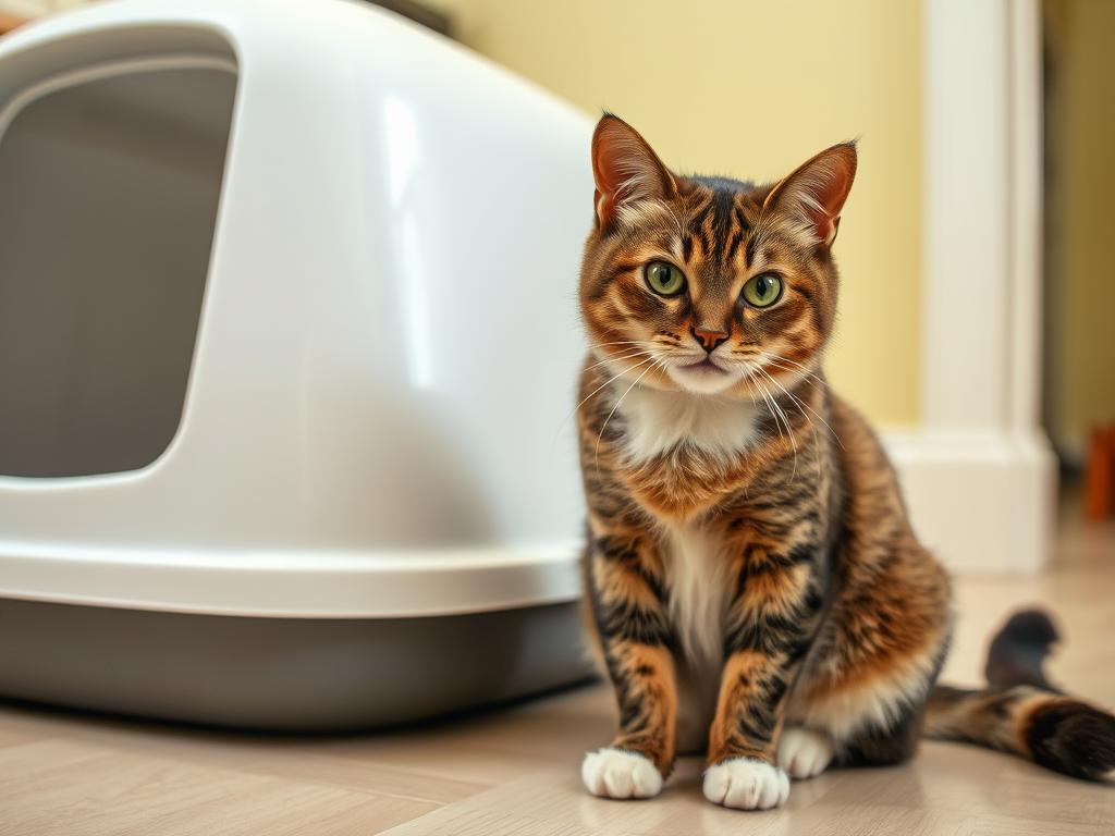 Dorosły kot siedzący obok kuwety, wykazujący oznaki niechęci do korzystania z niej