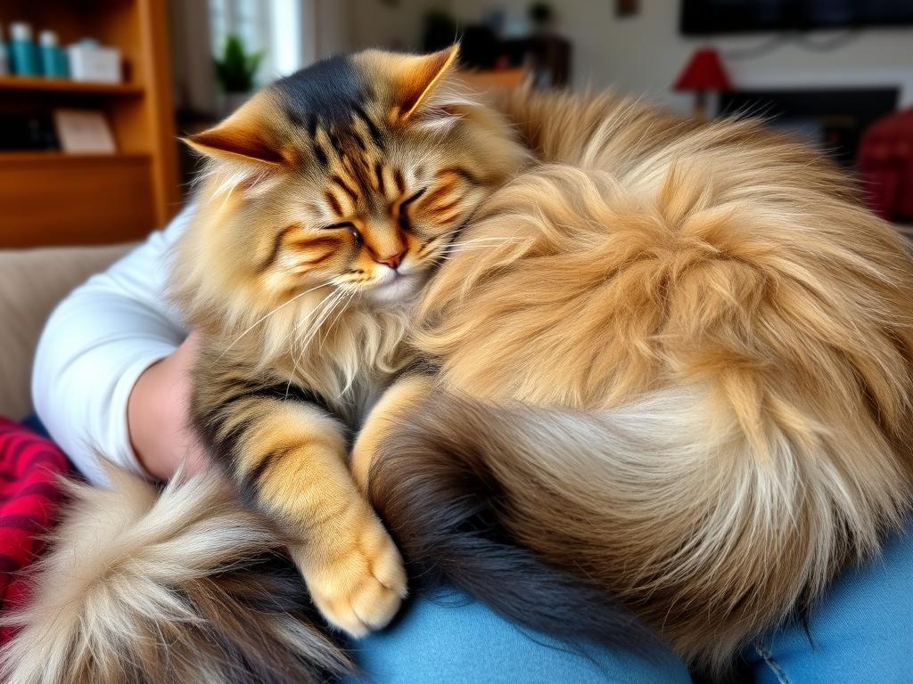 Duży kot Maine Coon przytulający się do właściciela, pokazujący jak duże rasy kotów które lubią się przytulać zachowują się z ludźmi Duży kot Maine Coon przytulający się do właściciela, pokazujący jak duże rasy kotów które lubią się przytulać zachowują się z ludźmi