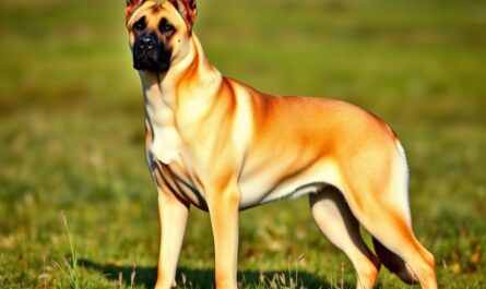 Kangal turecki - dorosły pies rasy kangal stojący na łące, prezentujący charakterystyczną sylwetkę i umaszczenie
