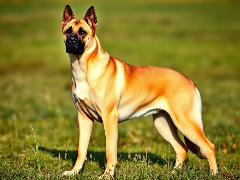 Kangal turecki - dorosły pies rasy kangal stojący na łące, prezentujący charakterystyczną sylwetkę i umaszczenie