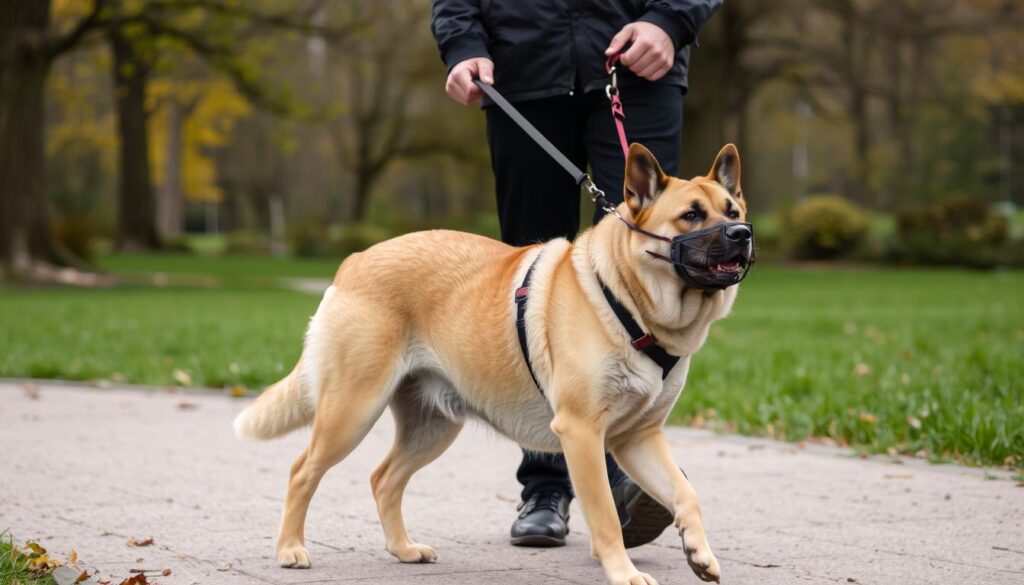 Kangal turecki na spacerze w kagańcu i na smyczy zgodnie z przepisami prawnymi w Polsce