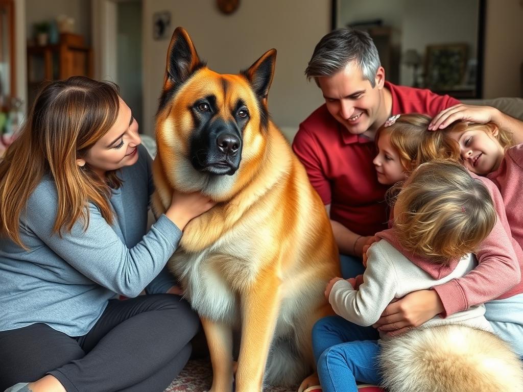 Kangal turecki z rodziną - dorosły kangal w interakcji z członkami rodziny, pokazujący łagodne usposobienie