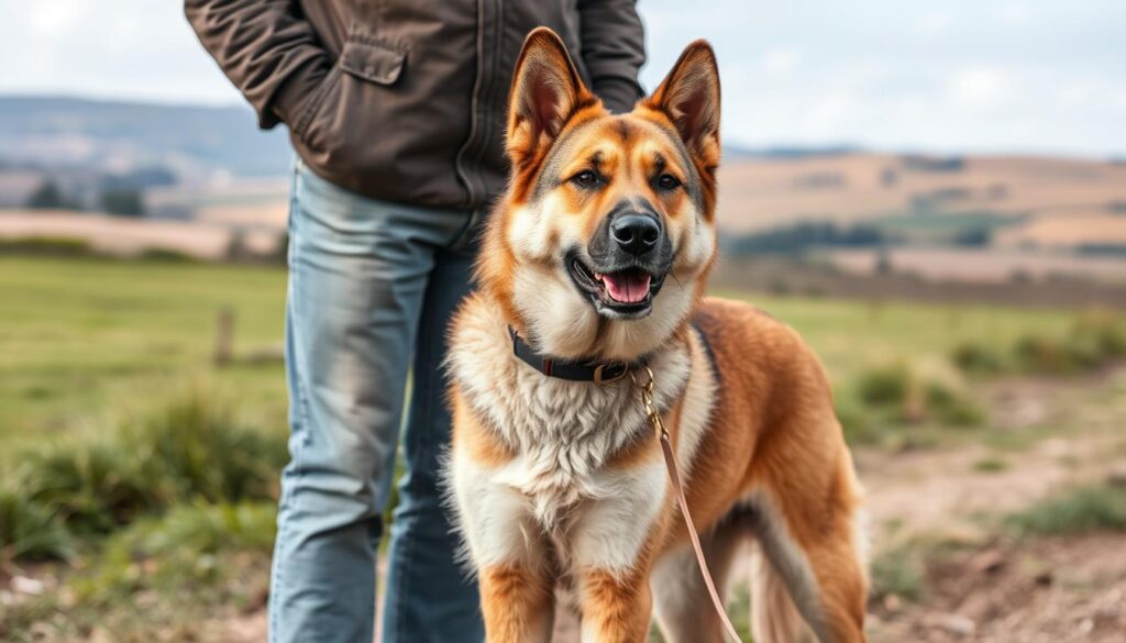 Kangal turecki z właścicielem - dorosły kangal z opiekunem na tle wiejskiego krajobrazu