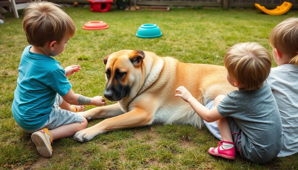 Kangal z dziećmi - kangal turecki w spokojnej interakcji z dziećmi w ogrodzie