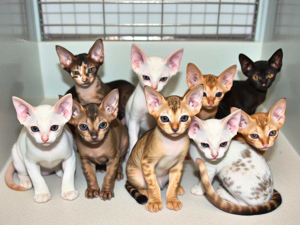 Kocięta Devon rex w hodowli, pokazujące różnorodność umaszczenia tej rasy Kocięta Devon rex w hodowli, pokazujące różnorodność umaszczenia tej rasy