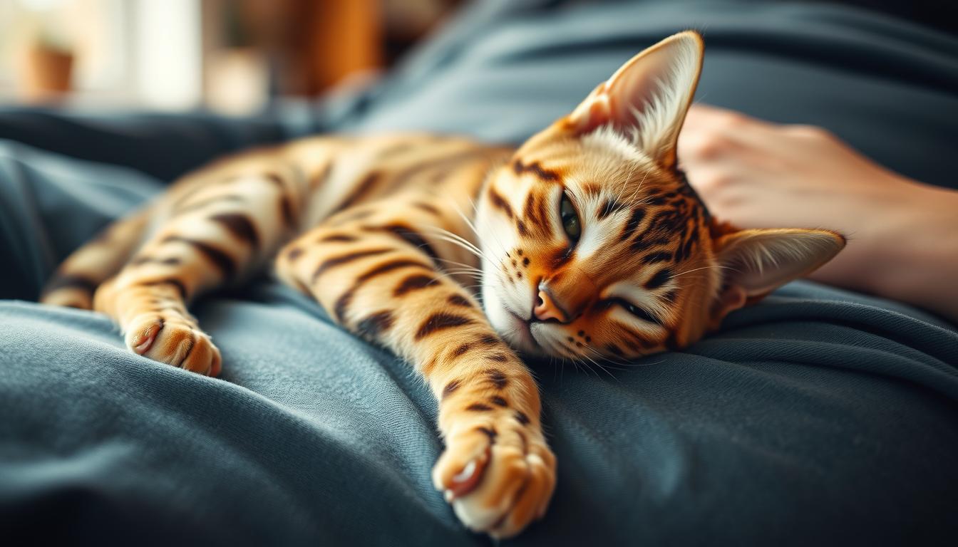 Kot bengalski leżący na kolanach właściciela, pokazujący jak rasy kotów które lubią się przytulać zachowują się w domowym środowisku