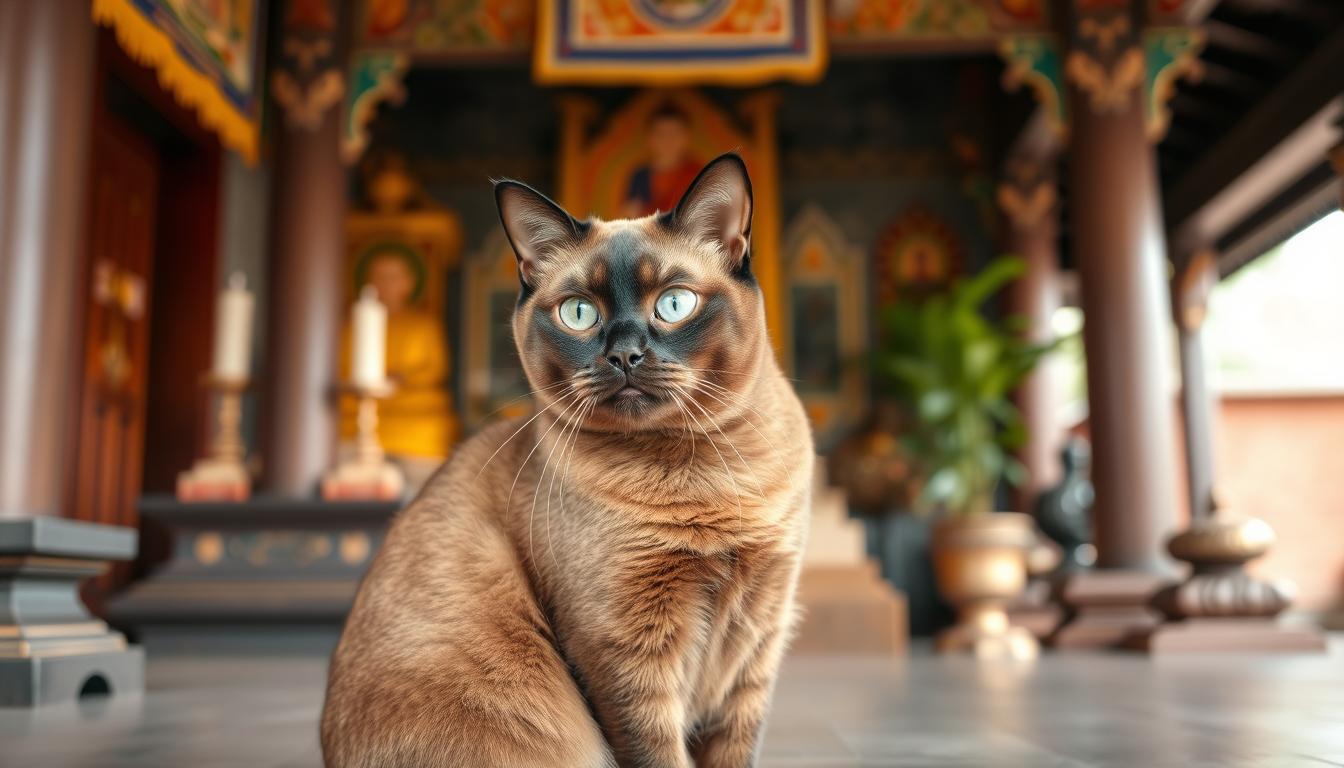 Kot burmski w tradycyjnym klasztorze - miejsce pochodzenia rasy kotów burmskich hodowla