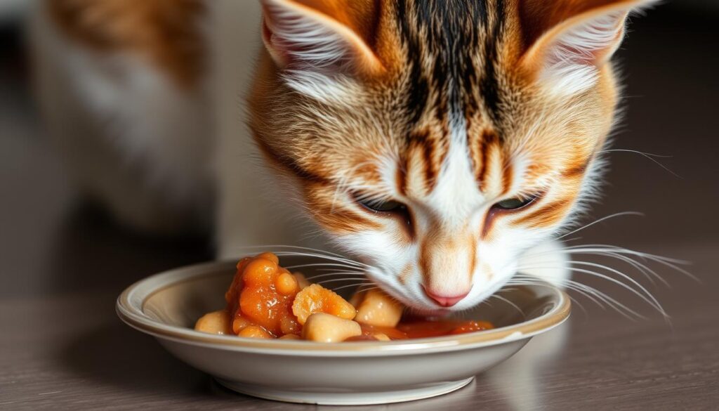 Kot jedzący małą porcję lekkostrawnego posiłku po sterylizacji Kot jedzący małą porcję lekkostrawnego posiłku po sterylizacji
