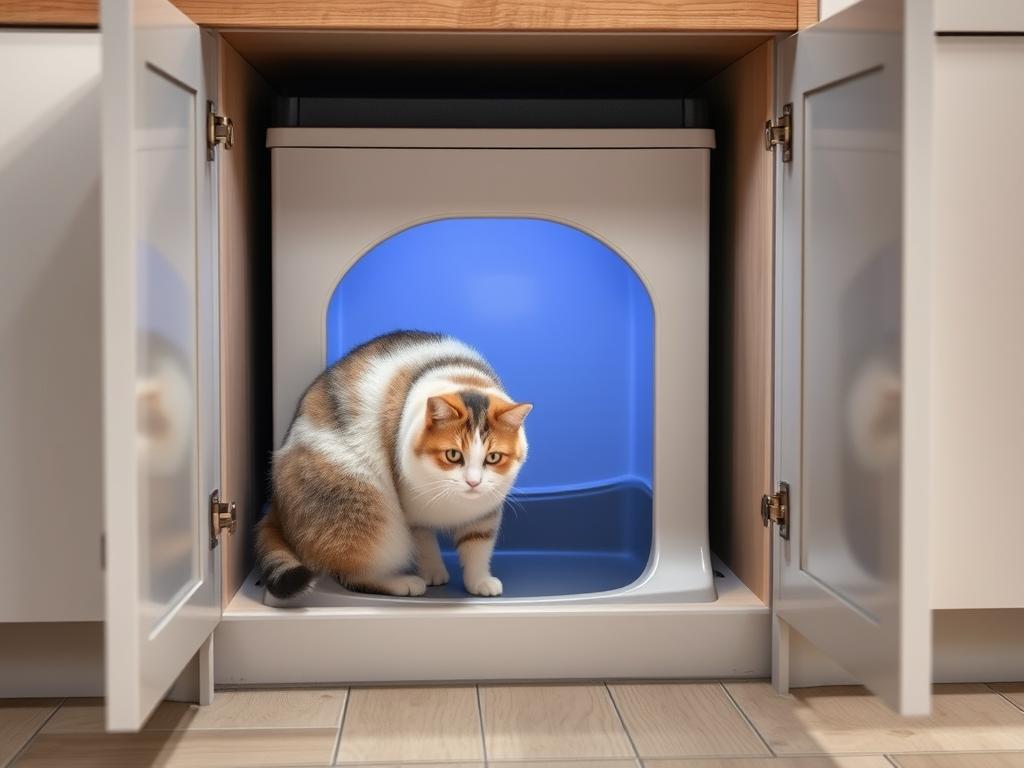 Kot korzystający z ukrytej kuwety w szafce z wyciętym otworem