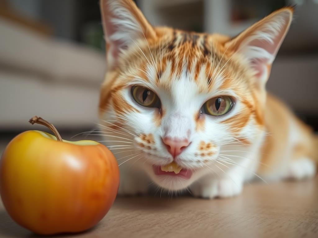 Kot ostrożnie próbujący kawałka jabłka - czy koty mogą jeść jabłka? Kot ostrożnie próbujący kawałka jabłka - czy koty mogą jeść jabłka?