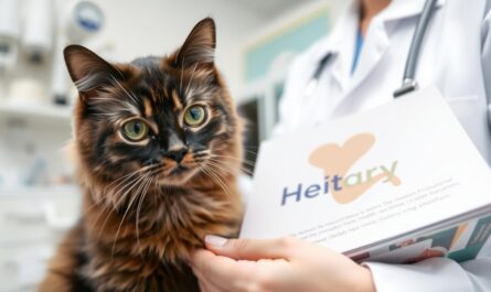 Kot podczas wizyty u weterynarza z książeczką zdrowia