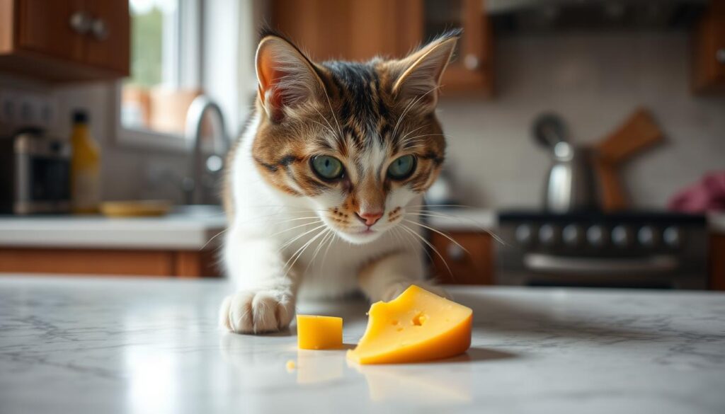 Kot próbujący dosięgnąć kawałka sera żółtego na stole, czy koty mogą jeść ser Kot próbujący dosięgnąć kawałka sera żółtego na stole, czy koty mogą jeść ser