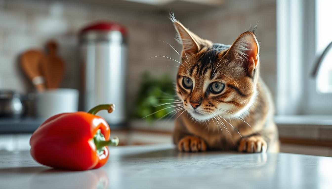 Kot przyglądający się czerwonej papryce - czy koty mogą jeść paprykę?