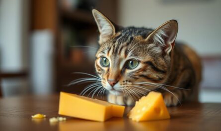 Kot przyglądający się kawałkowi sera żółtego leżącego na stole, czy koty mogą jeść ser