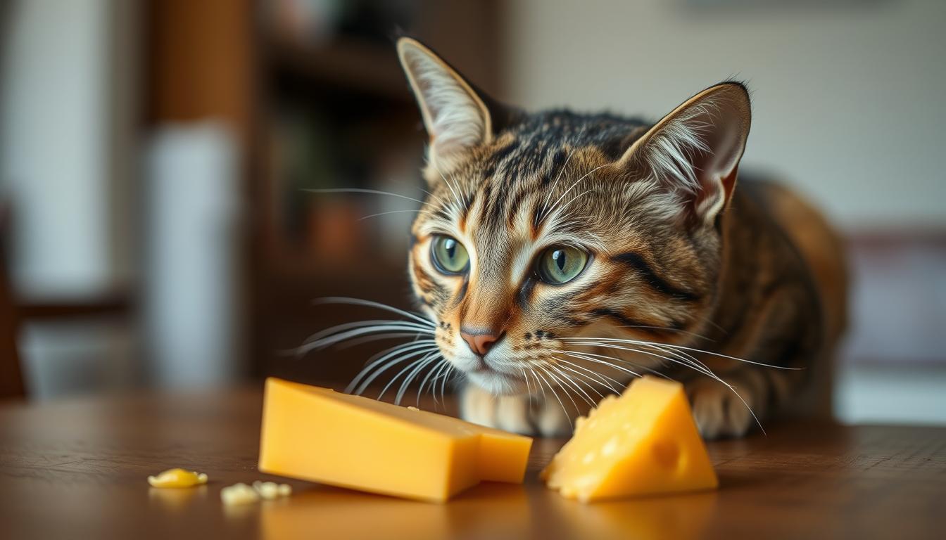 Kot przyglądający się kawałkowi sera żółtego leżącego na stole, czy koty mogą jeść ser
