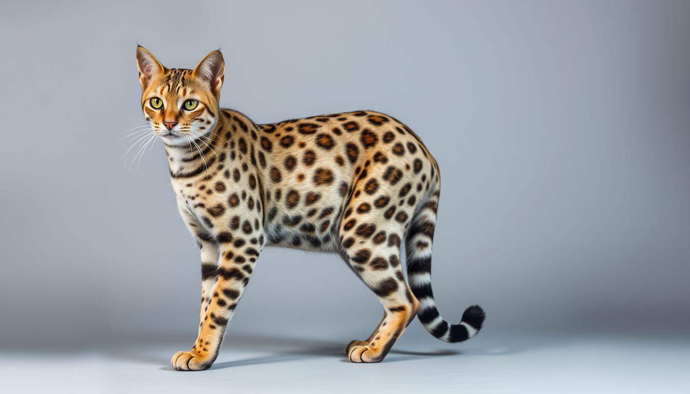 Kot rasy Ashera z charakterystycznym cętkowanym umaszczeniem, najdroższy kot świata w pozycji stojącej