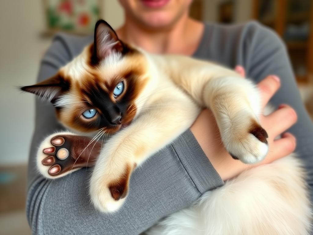 Kot rasy Ragdoll leżący rozluźniony na rękach właściciela, klasyczny przykład ras kotów które lubią się przytulać Kot rasy Ragdoll leżący rozluźniony na rękach właściciela, klasyczny przykład ras kotów które lubią się przytulać