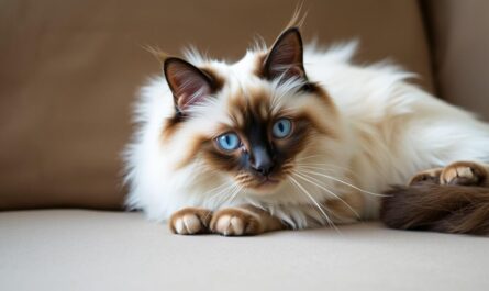 Kot rasy ragdoll bez rodowodu leżący na kanapie, prezentujący charakterystyczne niebieskie oczy i jasne umaszczenie