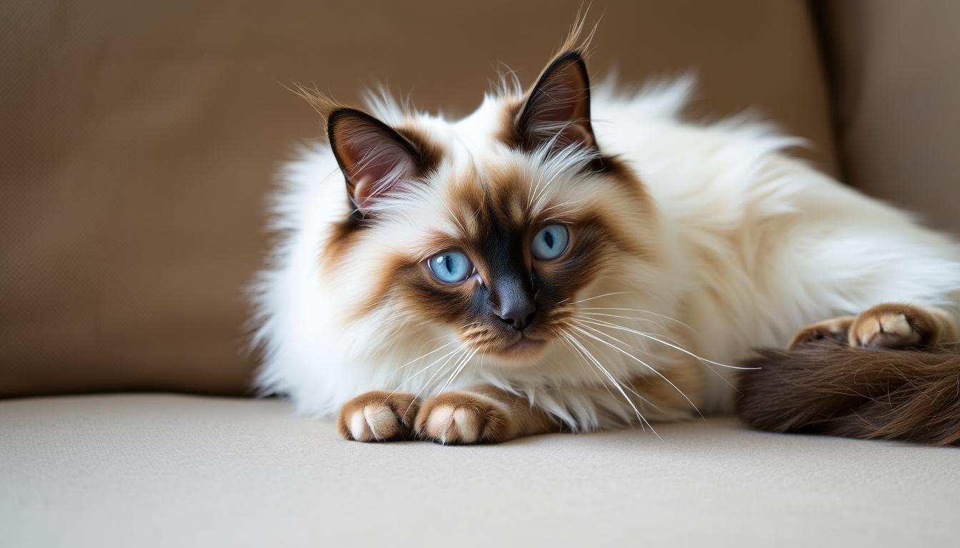 Kot rasy ragdoll bez rodowodu leżący na kanapie, prezentujący charakterystyczne niebieskie oczy i jasne umaszczenie