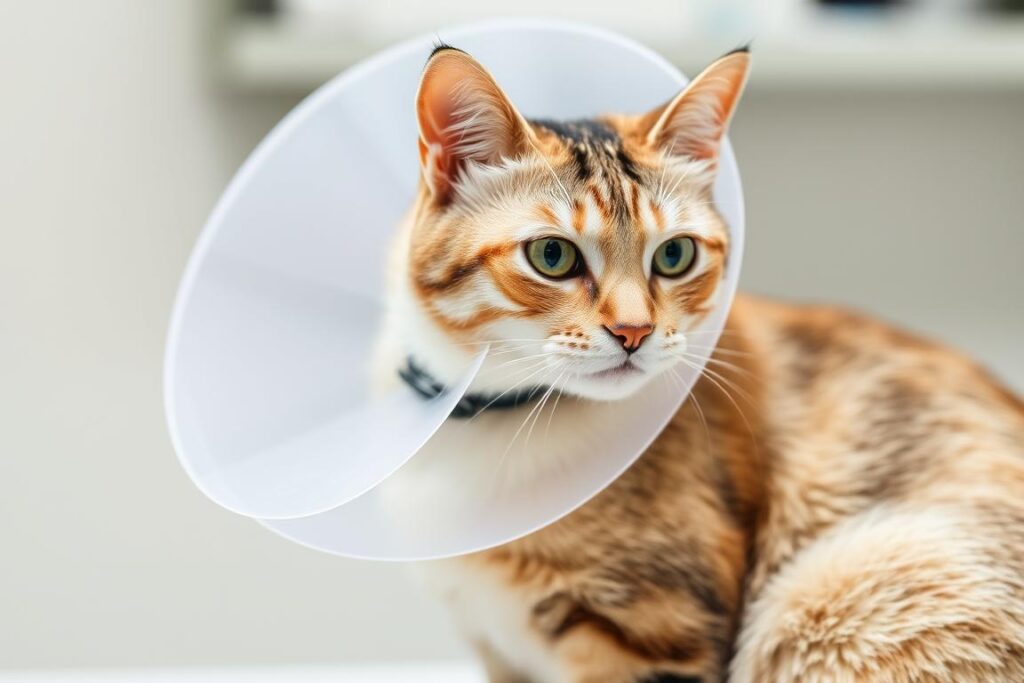 Kot w kołnierzu ochronnym po zabiegu sterylizacji Kot w kołnierzu ochronnym po zabiegu sterylizacji