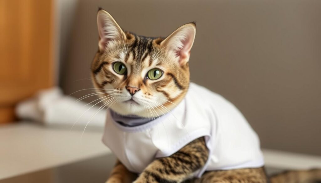 Kot w ubranku ochronnym po sterylizacji, zapobiegającym lizaniu rany Kot w ubranku ochronnym po sterylizacji, zapobiegającym lizaniu rany