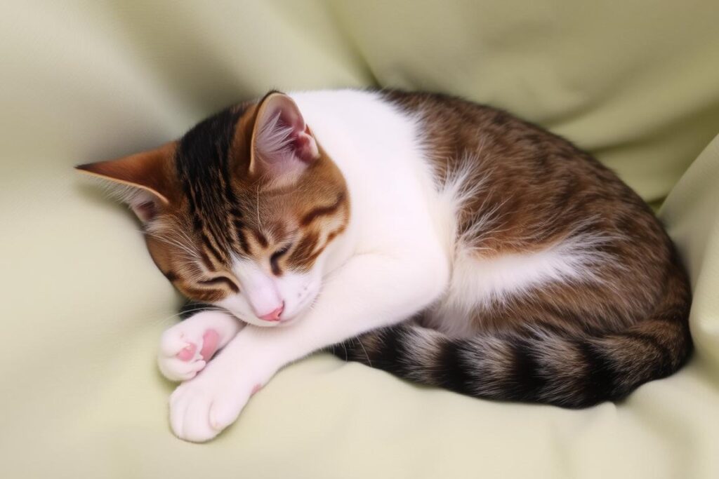 Kot wykazujący normalne zachowanie po sterylizacji - odpoczywający w spokojnym miejscu Kot wykazujący normalne zachowanie po sterylizacji - odpoczywający w spokojnym miejscu