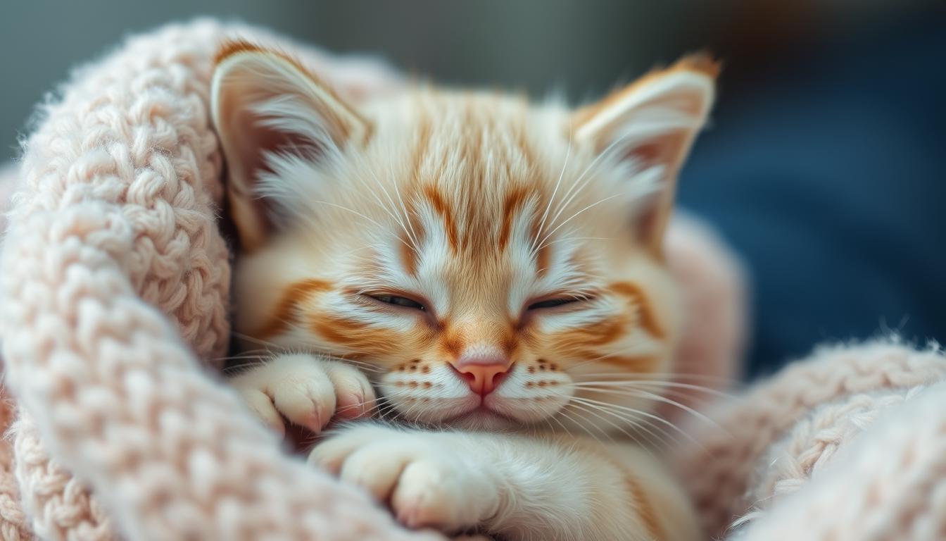 Kot z chorobą sierocą przytulający się do miękkiego koca - choroba sieroca u kota