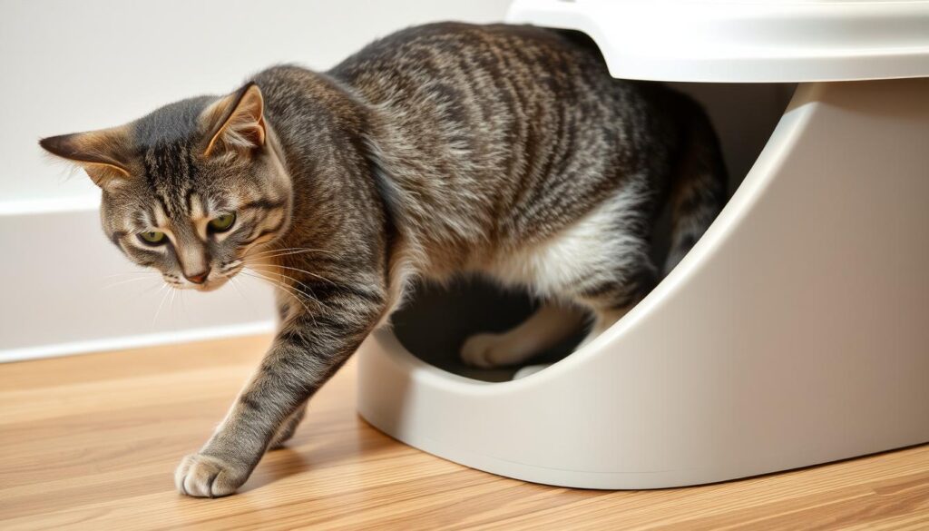 Kot z widocznymi problemami zdrowotnymi (np. starszy kot z artretyzmem) przy specjalnie dostosowanej kuwecie Kot z widocznymi problemami zdrowotnymi (np. starszy kot z artretyzmem) przy specjalnie dostosowanej kuwecie