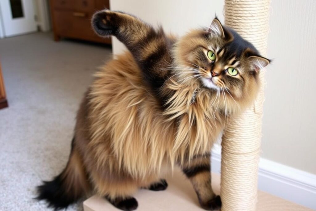 Maine Coon korzystający z domowego drapaka, demonstrujący prawidłowe zachowanie drapania Maine Coon korzystający z domowego drapaka, demonstrujący prawidłowe zachowanie drapania