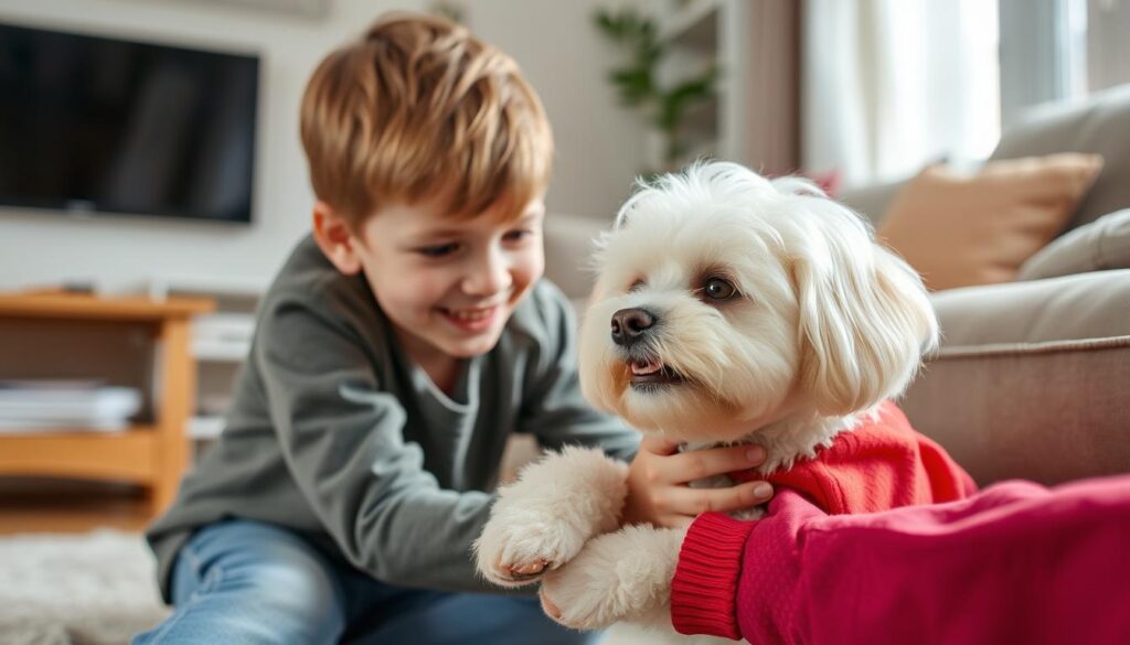 Maltipoo bawiący się z dzieckiem, pokazujący przyjazny charakter tej rasy