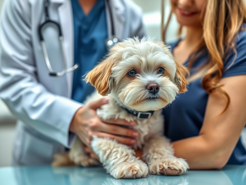 Maltipoo podczas badania u weterynarza, co podkreśla znaczenie regularnej opieki weterynaryjnej dla długiego życia maltipoo
