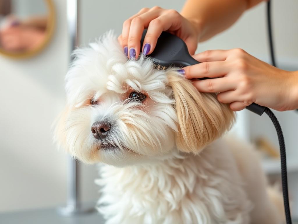 Maltipoo podczas pielęgnacji sierści, pokazujący proces szczotkowania