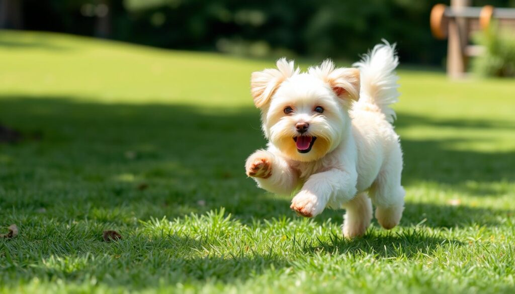 Maltipoo podczas zabawy na świeżym powietrzu, pokazujący energiczną naturę tej rasy