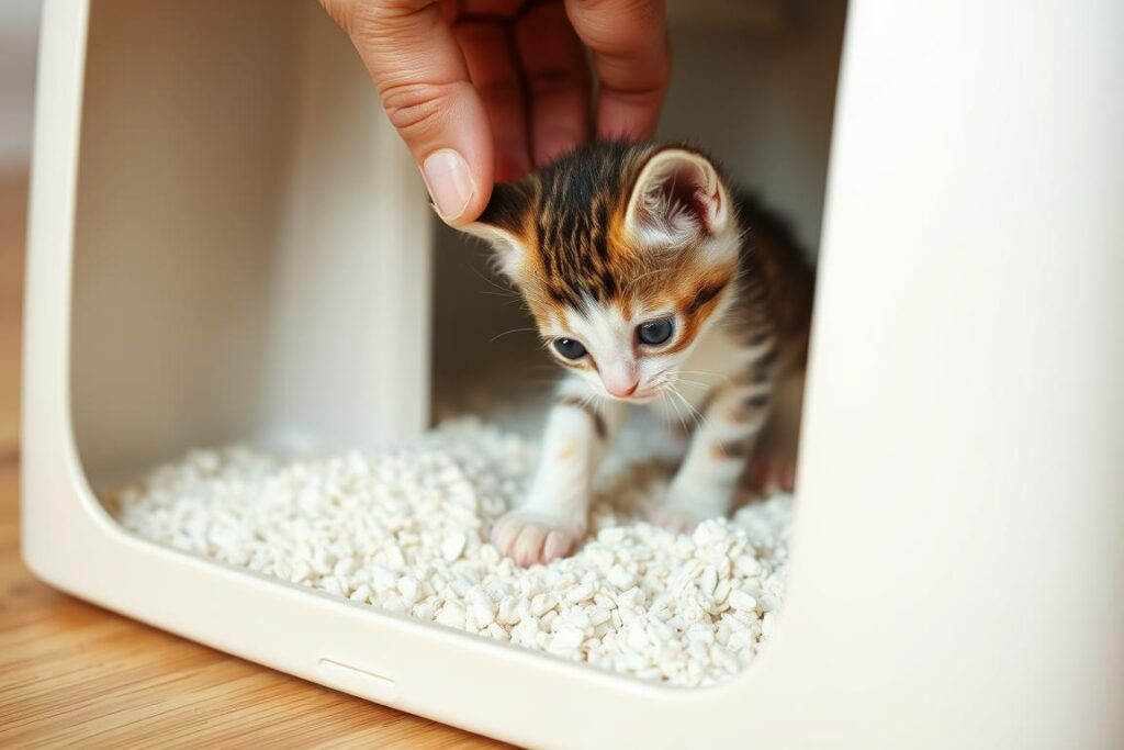 Mały kociak uczący się korzystać z kuwety pod nadzorem opiekuna Mały kociak uczący się korzystać z kuwety pod nadzorem opiekuna