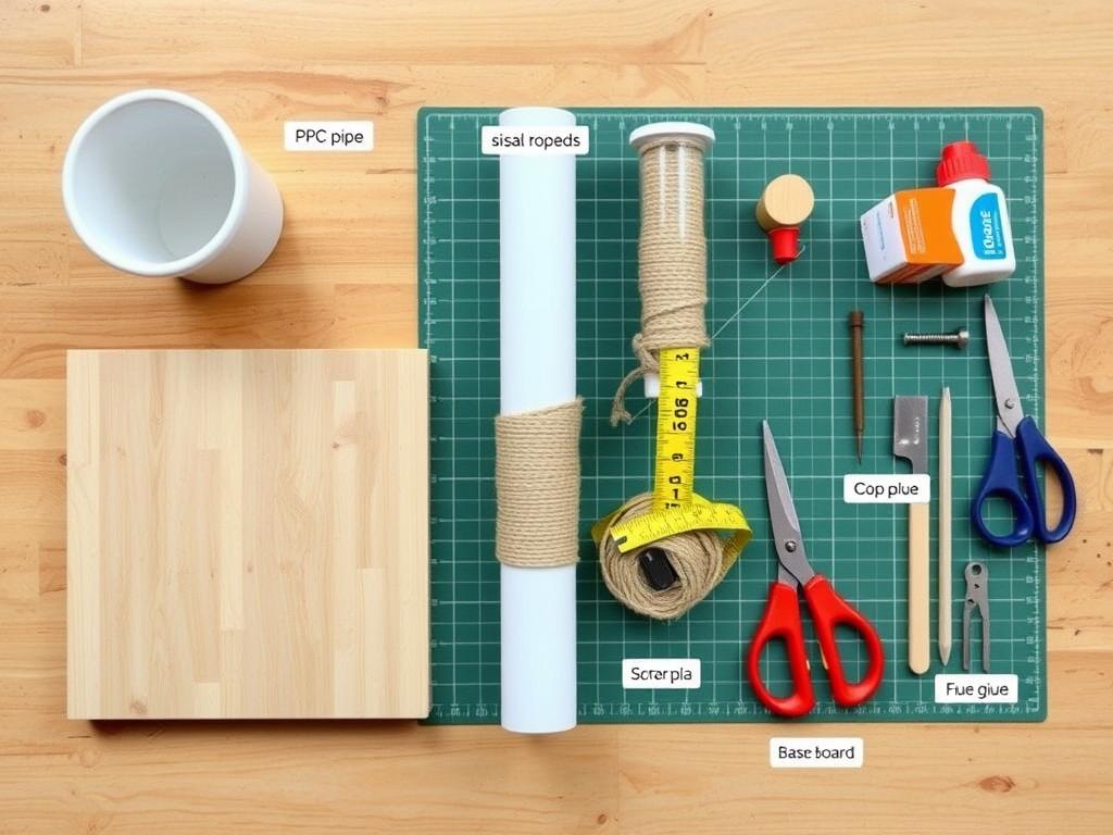 Materiały potrzebne do wykonania drapaka dla Maine Coon: rura PCV, sizal, deska stabilizująca i narzędzia